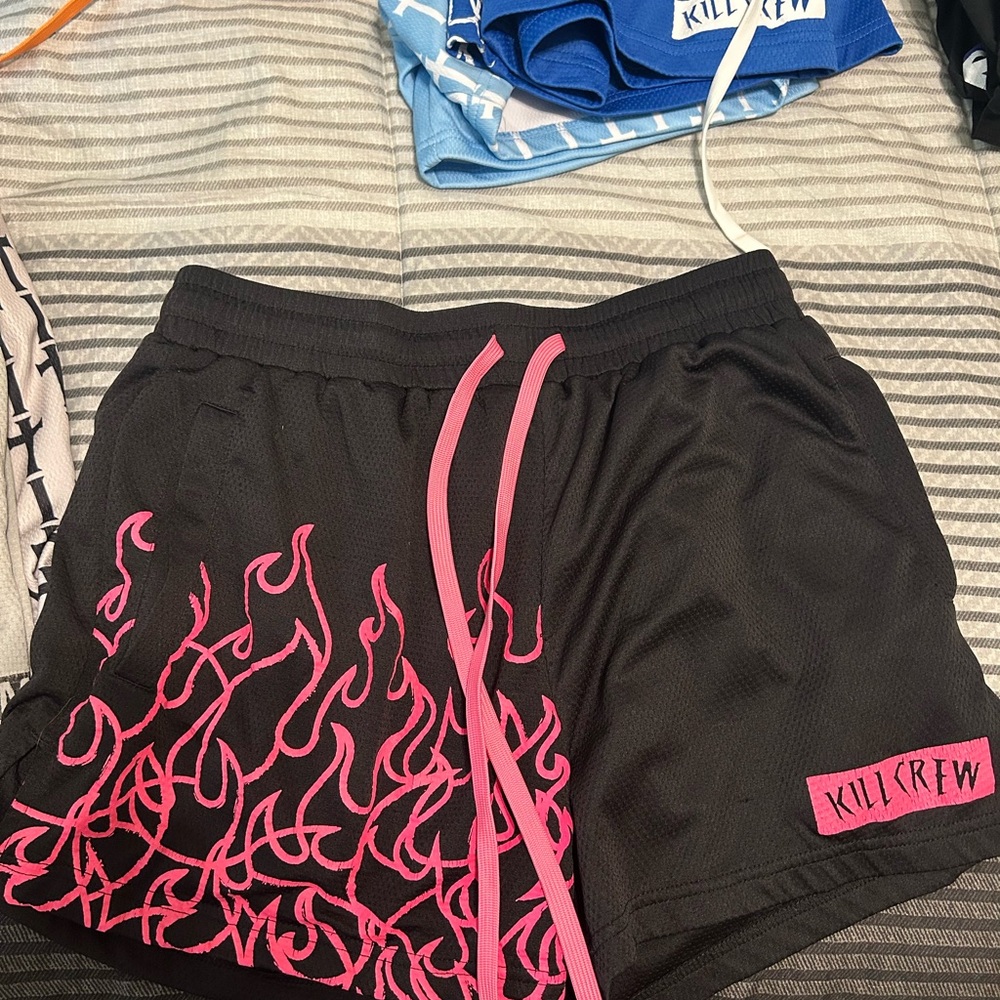 Kill Crew Black Shorts with Pink Flame Design